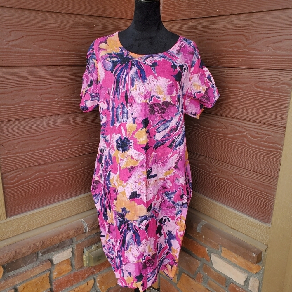 Pink Floral 100% Linen Made in Italy Women's Dress Size XL NWOT
